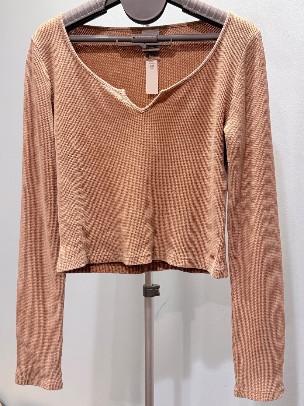 PINK Victoria’s Secret Waffle Knit Long Sleeve Top Beige V-Neck Women’s L
